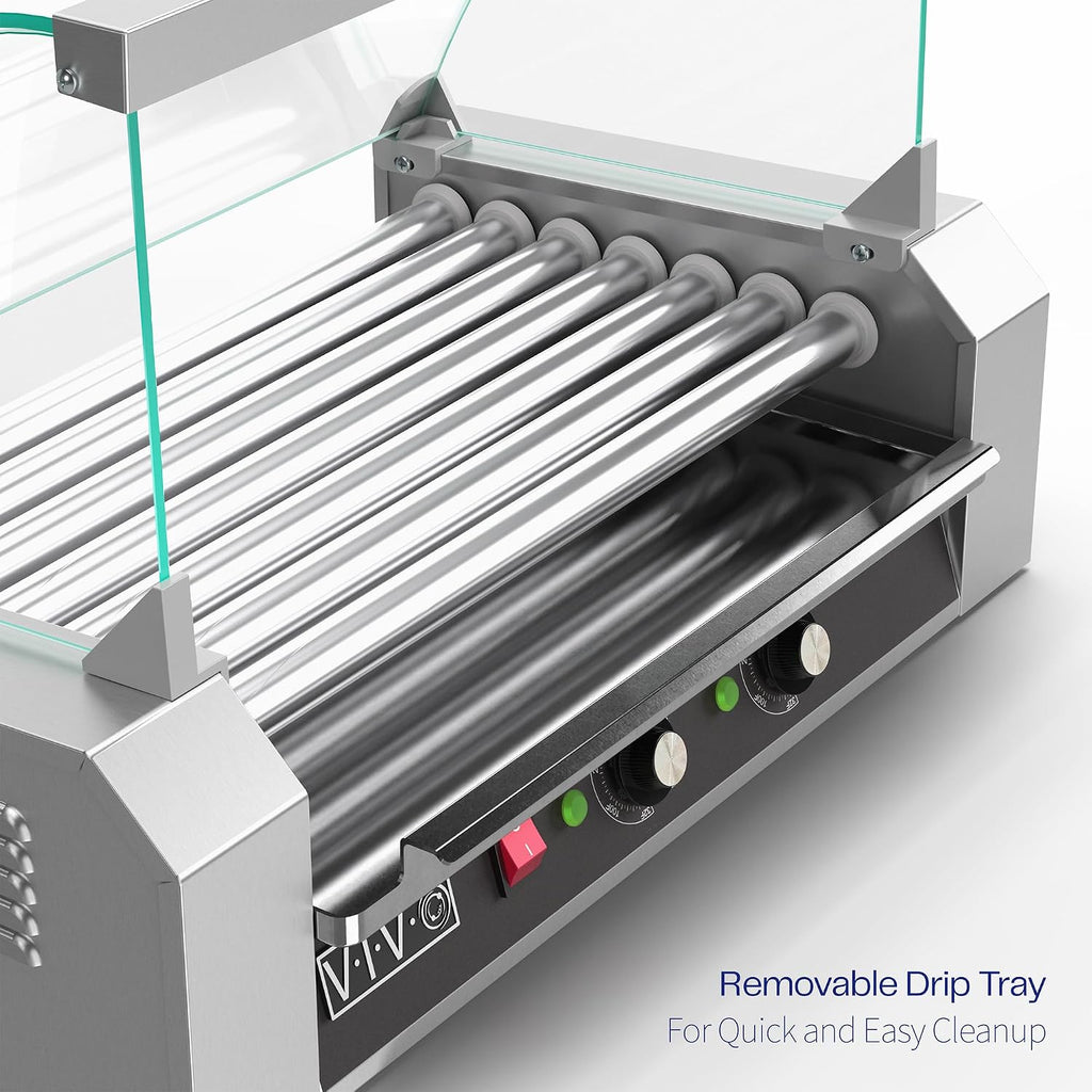 VIVO Electric 18 Hot Dog 7 Roller Grill Warmer, Stainless Steel, Commercial and Household 900W Machine with Cover, HOTDG-V207