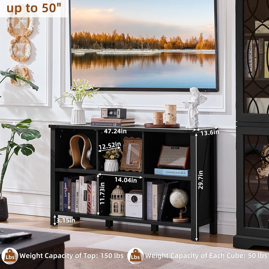 Joaxswe 6 Cube Bookcase, Farmhouse Wood Low Storage Organizer Book Shelf, Black 47' Horizontal Console Bookshelf with Legs, Hallway Book Case for Entryway, Display Cabinet for Living Room, Office