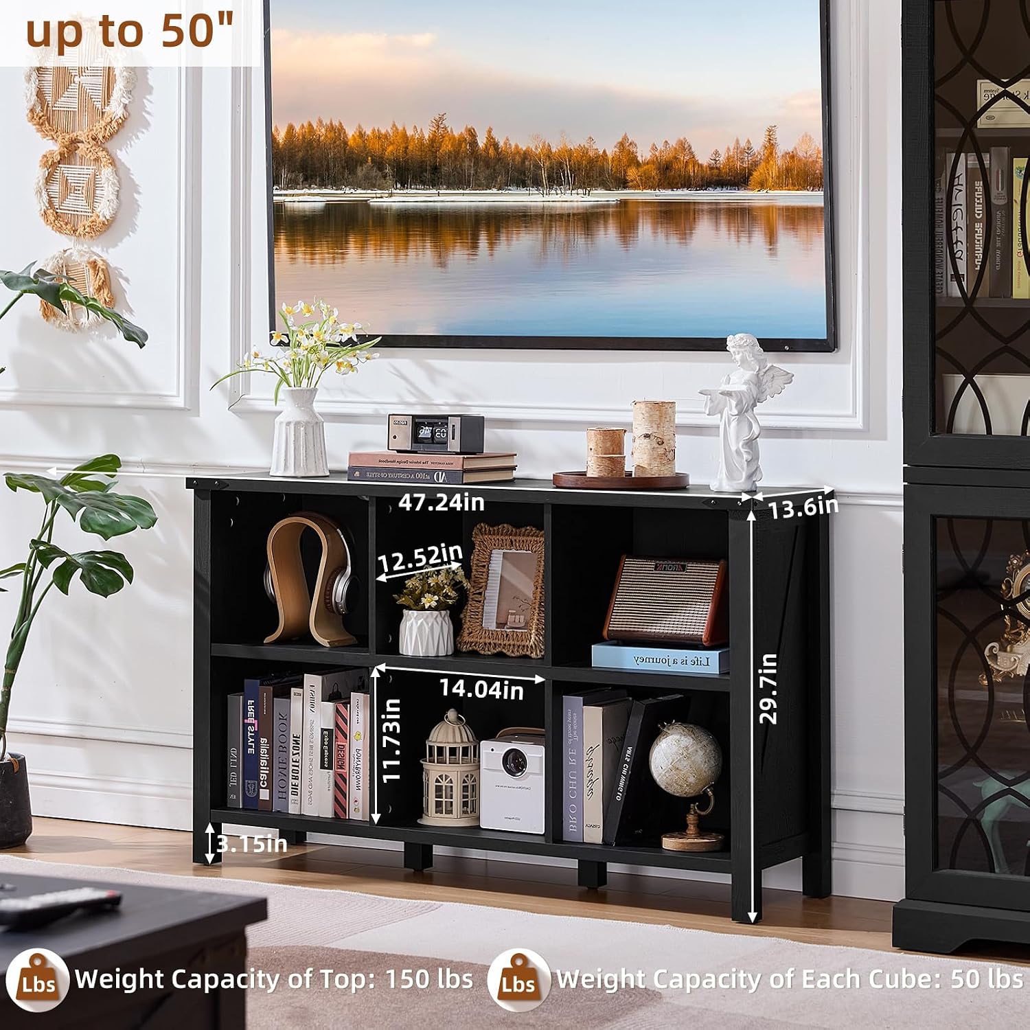 Joaxswe 6 Cube Bookcase, Farmhouse Wood Low Storage Organizer Book Shelf, Black 47' Horizontal Console Bookshelf with Legs, Hallway Book Case for Entryway, Display Cabinet for Living Room, Office