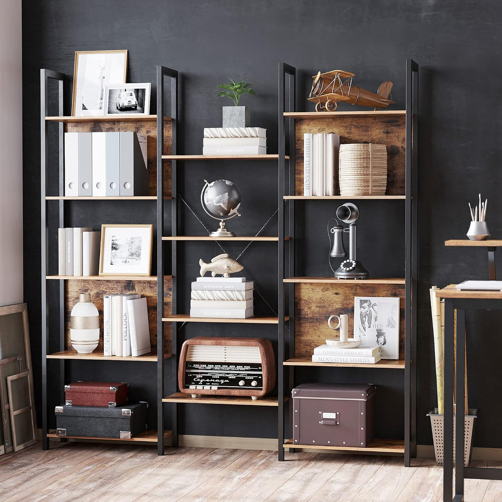 VASAGLE 5-Tier Bookcase with 14 Shelves, Book Shelf with Metal Frame, Bookshelf for Living Room, Home Office, Industrial Style, 9.4 x 62.2 x 65.4 Inches, Rustic Brown and Black ULLS107B01