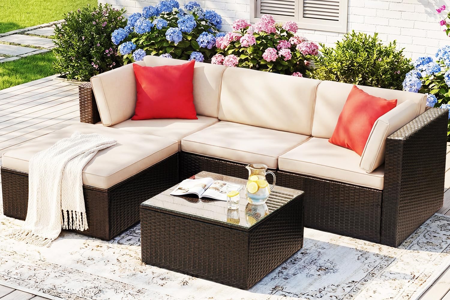 Devoko 5 Pieces Patio Furniture Sets All Weather Outdoor Sectional Patio Sofa Manual Weaving Wicker Rattan Patio Seating Sofas with Cushion and Glass Table (Beige)