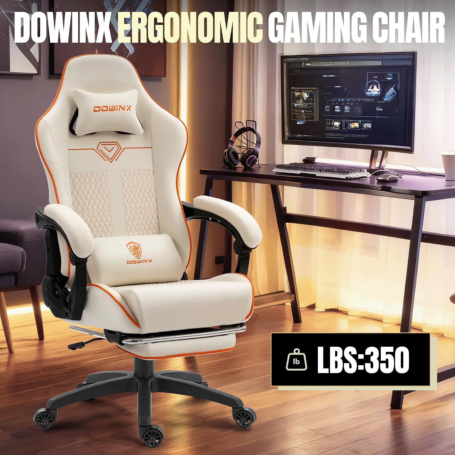 Dowinx Big and Tall Gaming Chair 350LBS, Racing Style Ergonomic Computer Chair with Side-Mounted Recline Control, Footrest & Massage Lumbar, High Back Chair with Embroidered Design for Gaming or Work