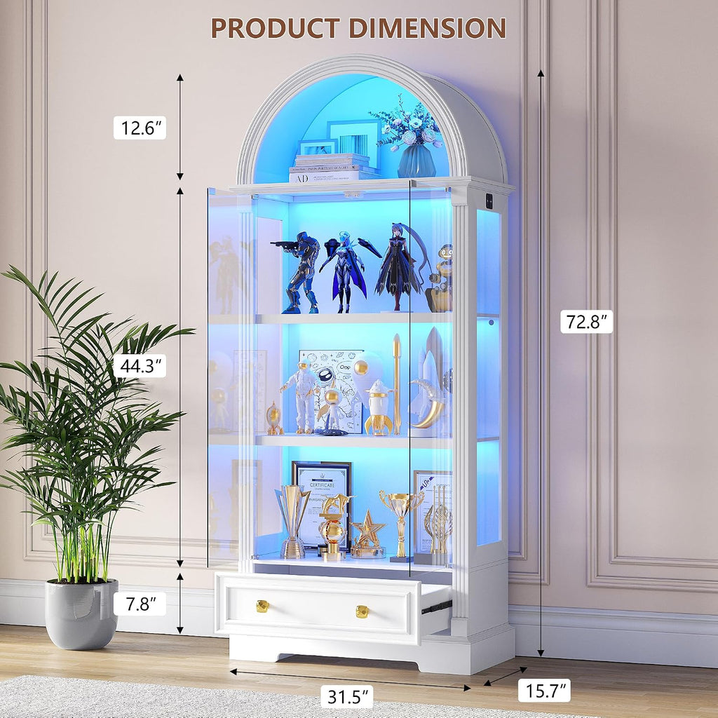 Arched Display Cabinet with Glass Doors, 72' Tall Curio Cabinet with Human Sensor Lights, 4-Tier Display Case for Collectibles Bookcase Living Room