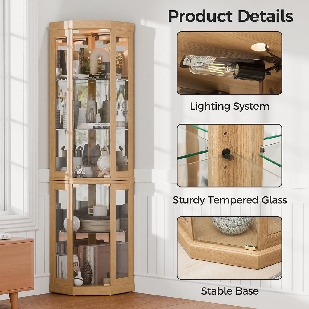 70' H Lighted Corner Curio Cabinet, Curio Cabinet with Tempered Glass Doors and Shelves, Corner Display Case with Light Bulb for Living Room, Dining Room, Light Oak