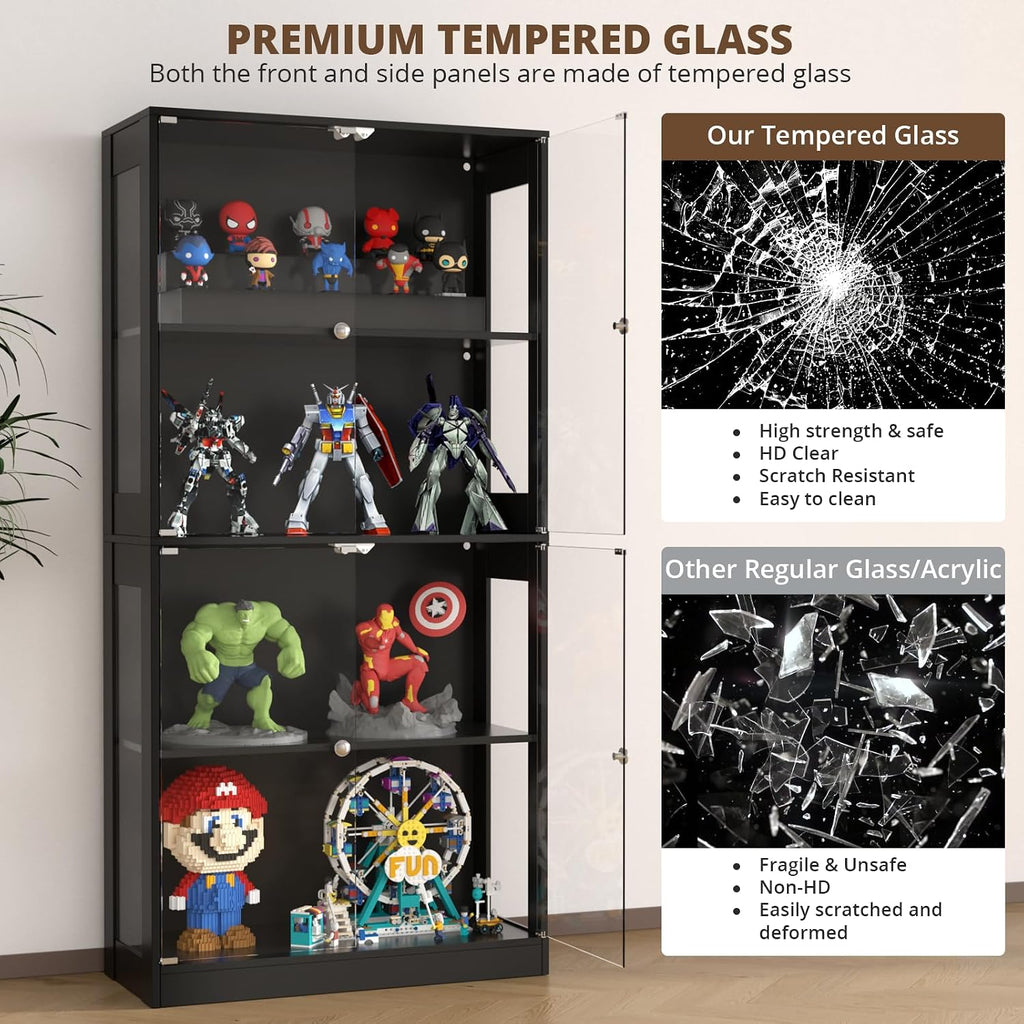 VOWNER 65'' Display Cabinet with Glass Door, 4-Tier Curio Cabinet for Collectibles Trophy, Glass Display Case with Human Body Sensor, 3 Color Lights, Bookcase Storage Cabinets for Living Room, Study