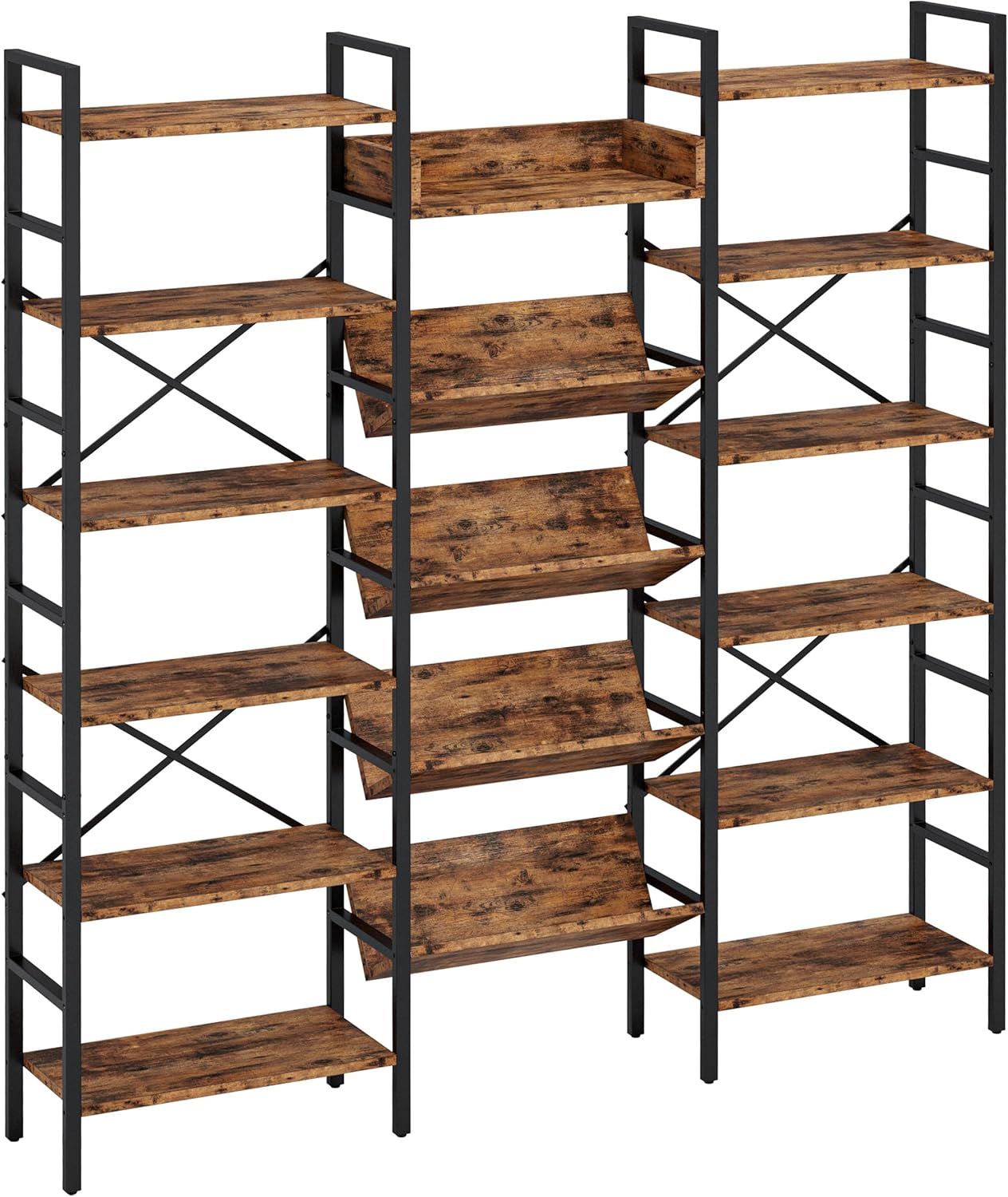 IRONCK Industrial Bookshelves 6 Tiers Triple Wide Bookshelf, Large Etagere Bookshelf Open Record Player Shelves with Metal Frame for Living Room Home Office