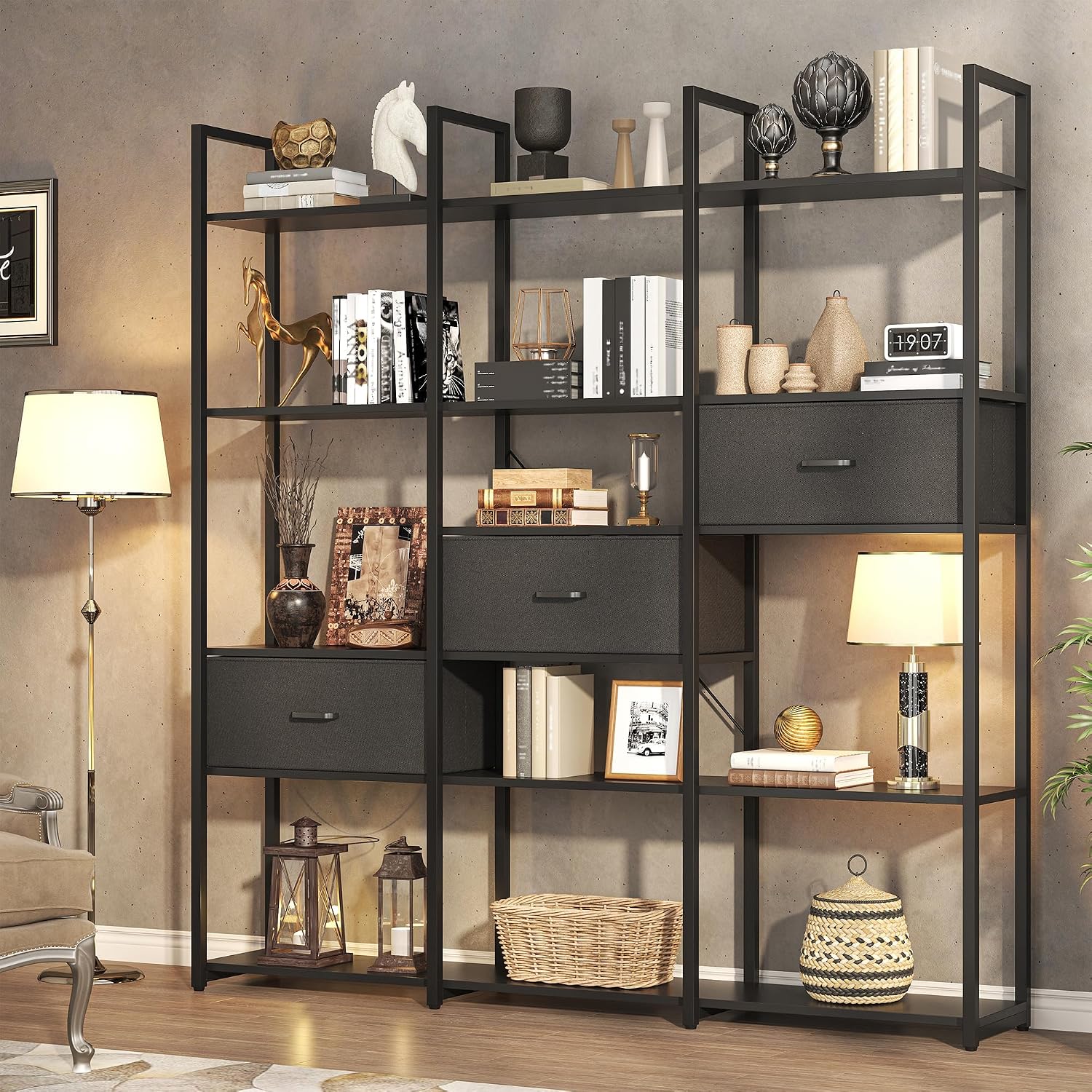 Nosepen 73.6' Tall Bookshelf with 3 Drawers and 16 Storage Shelves, Industrial Bookcase with 16 Open Display Shelves, Large Etagere Bookshelf, Triple Wide Book Shelf Book Case for Home & Office, Black