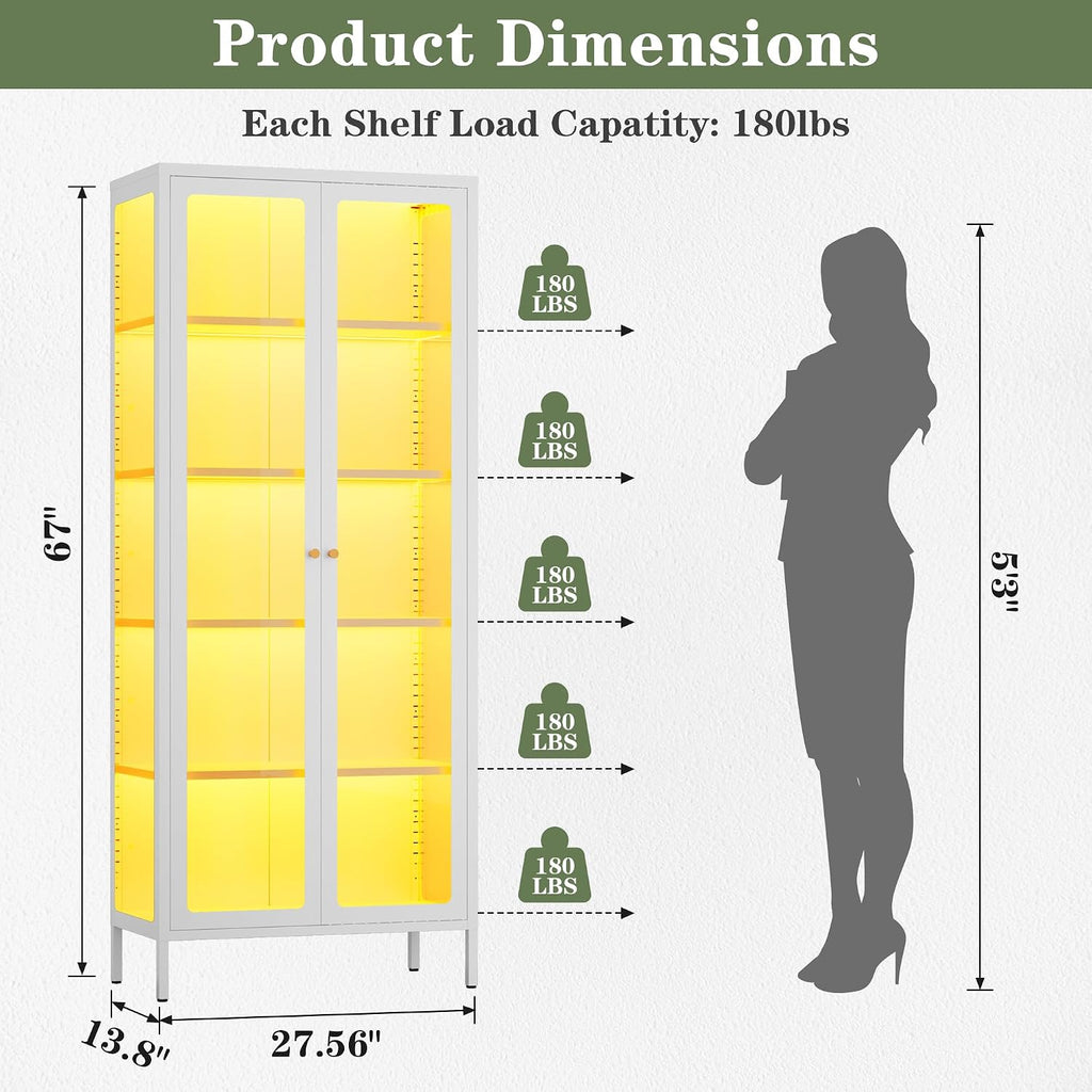 Lucky Monet 5-Tier Display Cabinet with 12 Color Lights & Glass Doors, 67' Lighted Curio Cabinet with Adjustable Shelves, Glass Metal Display Case for Collectibles Figures China (White)
