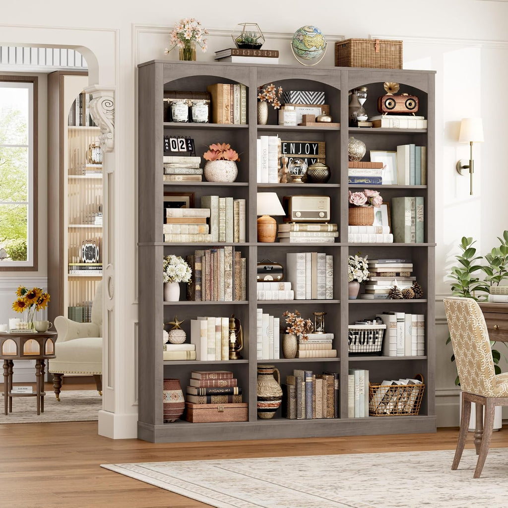 FACBOTALL 71' Triple Wide Bookshelf, 6 Tier Tall Bookshelf, Large Bookcase with Curved Baffle, 63.4' Wide Book Shelf with 18 Open Display Shelves for Living Room, Study, Gray