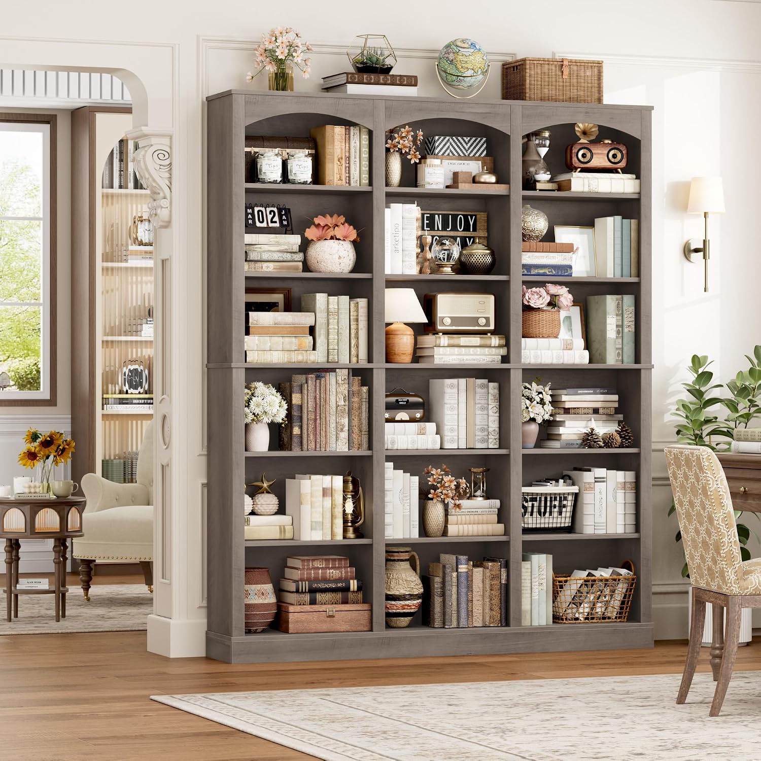 FACBOTALL 71' Triple Wide Bookshelf, 6 Tier Tall Bookshelf, Large Bookcase with Curved Baffle, 63.4' Wide Book Shelf with 18 Open Display Shelves for Living Room, Study, Gray