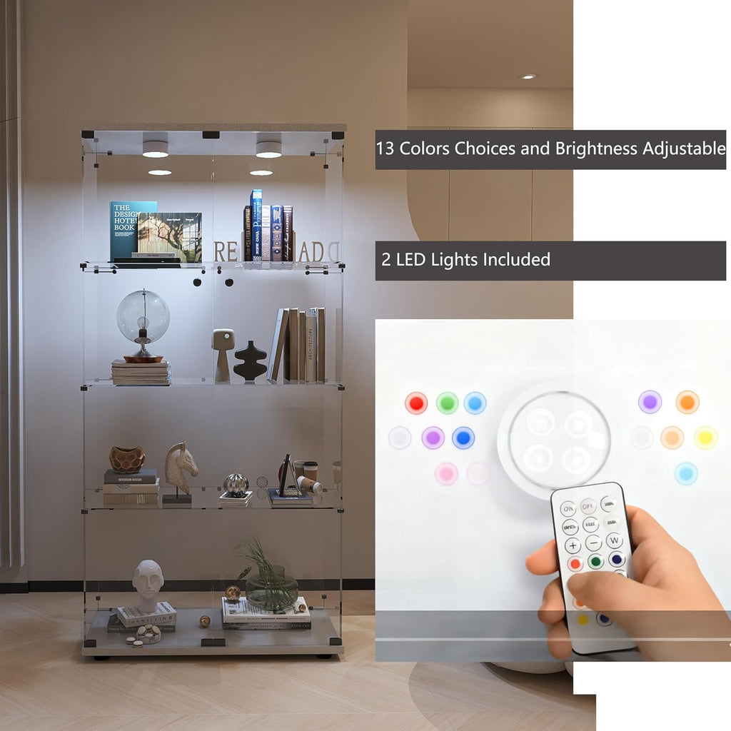 Glass Display Cabinet with Lights and Lock, 4-Tier Display Case Curio Cabinet with Glass Door, Floor Standing Showcase for Living Room Bedroom Home Office 31' W x 14.3' D x 64.5' H