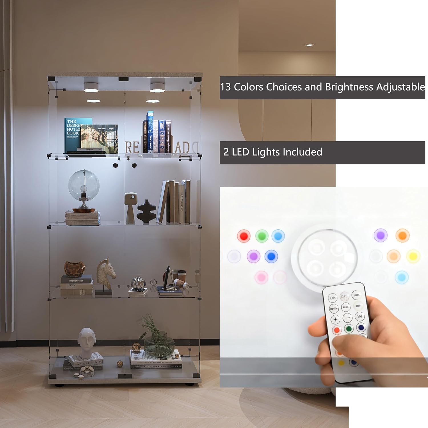 Glass Display Cabinet with Lights and Lock, 4-Tier Display Case Curio Cabinet with Glass Door, Floor Standing Showcase for Living Room Bedroom Home Office 31' W x 14.3' D x 64.5' H