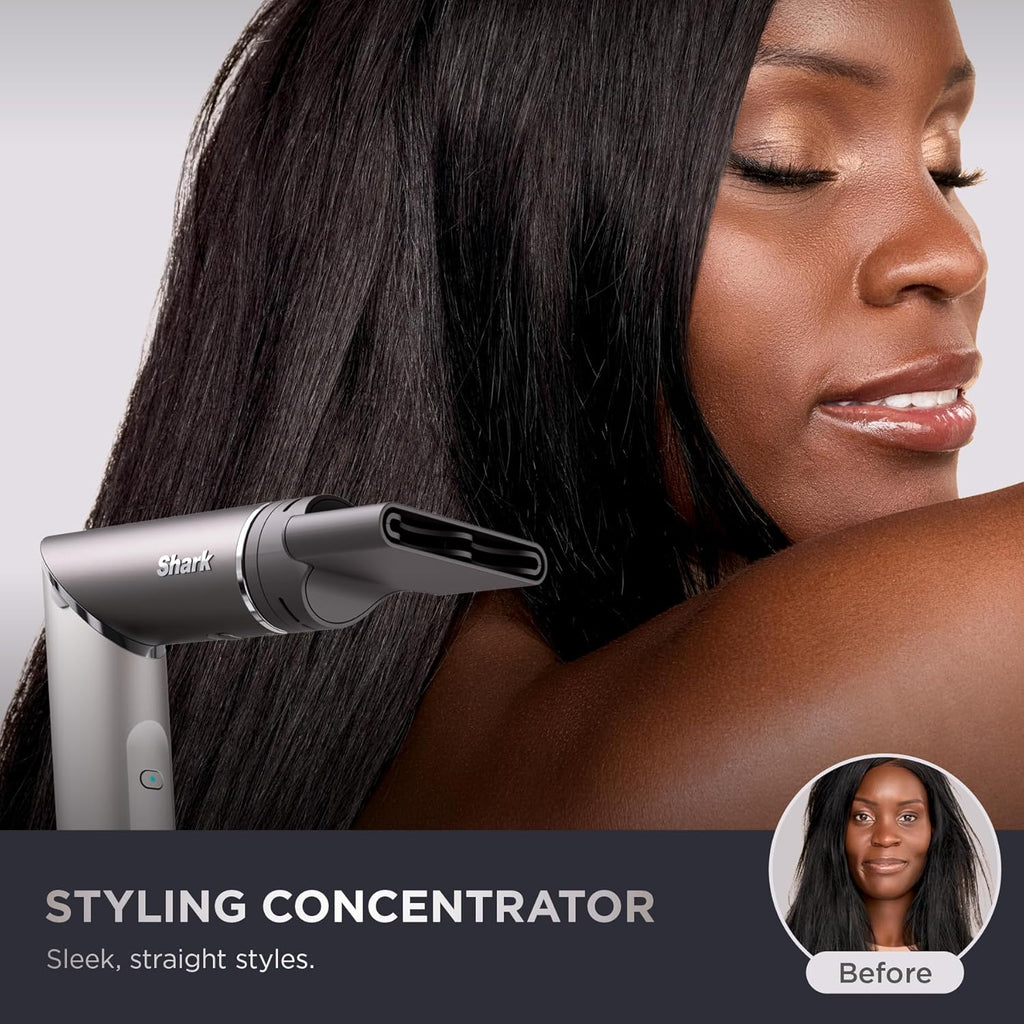 Shark Flex Fusion Hair Straightener & Powerful Hair Dryer with Fusion Hair Brush, Air Styler with Auto-Wrap Hair Curlers, Concentrator, & Frizz Fighter, Metallic Mist, HD651S