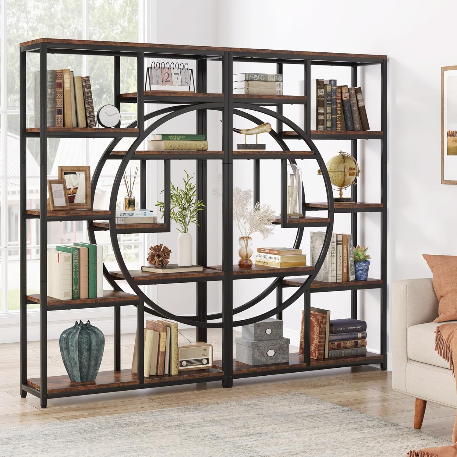 Tribesigns Bookshelf Industrial 5 Tier Etagere Bookcase, Freestanding Tall Bookshelves Display Shelf Storage Organizer with 9-Open Storage Shelf for Living Room, Bedroom, 2 Pack