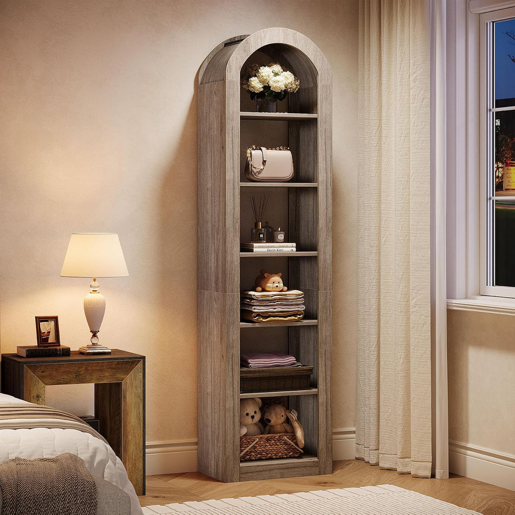 Tribesigns 74.8' Tall Arched Bookshelf, 6-Tier Narrow Open Bookcase, Floor Standing Corner Display Shelves Storage Organizer for Small Space, Home Office, Living Room (Grey, 1 PC)