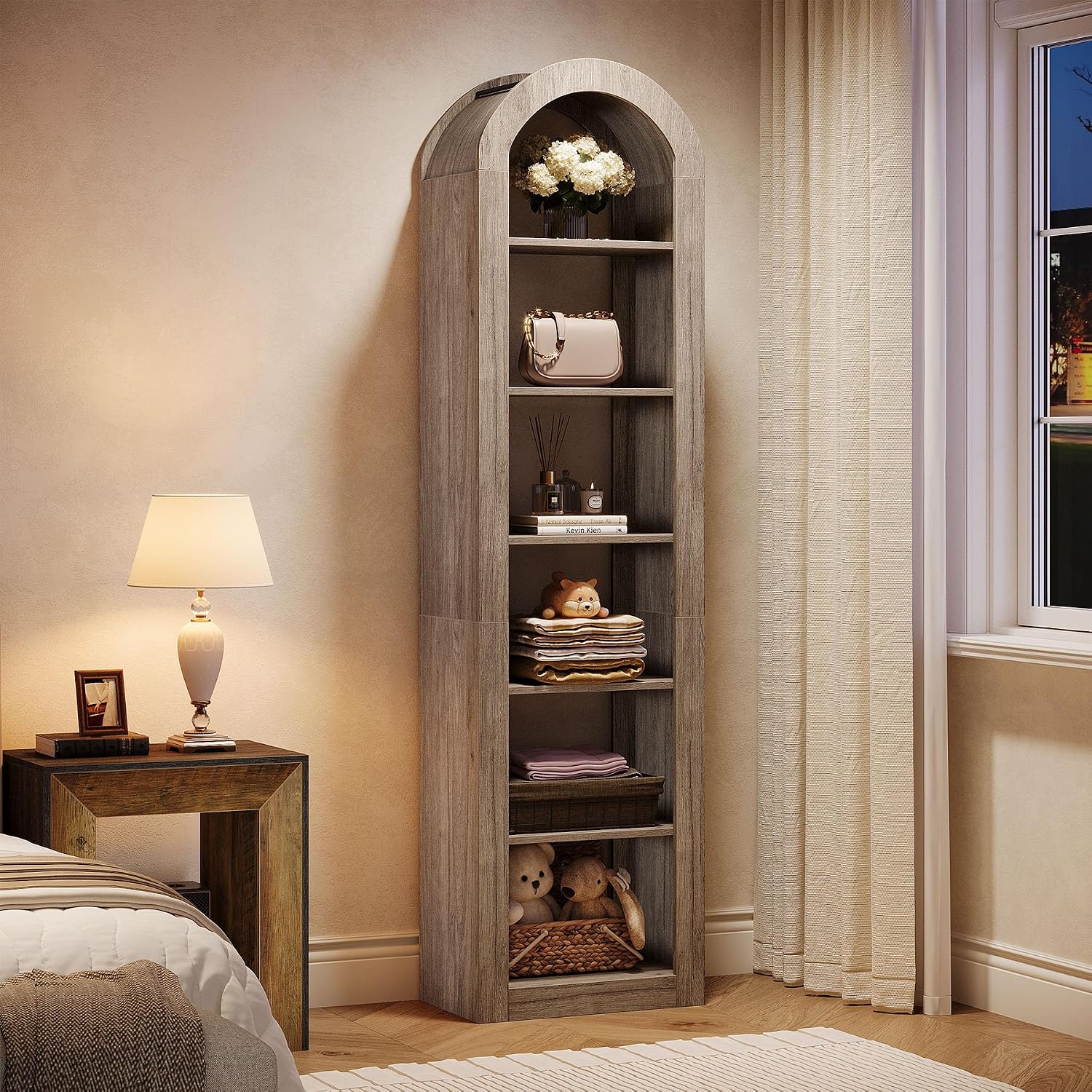 Tribesigns 74.8' Tall Arched Bookshelf, 6-Tier Narrow Open Bookcase, Floor Standing Corner Display Shelves Storage Organizer for Small Space, Home Office, Living Room (Grey, 1 PC)
