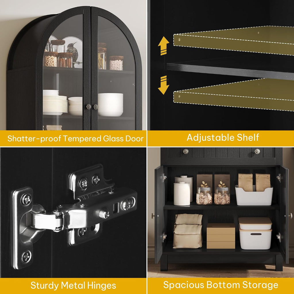 DWVO Arched Pantry Cabinet, 71' Tall Glass Door Display Storage Cabinets W/Drawer & Adjustable Shelves, Farmhouse Versatile Cupboard Bookshelf for Kitchen Dining Living Room, Black