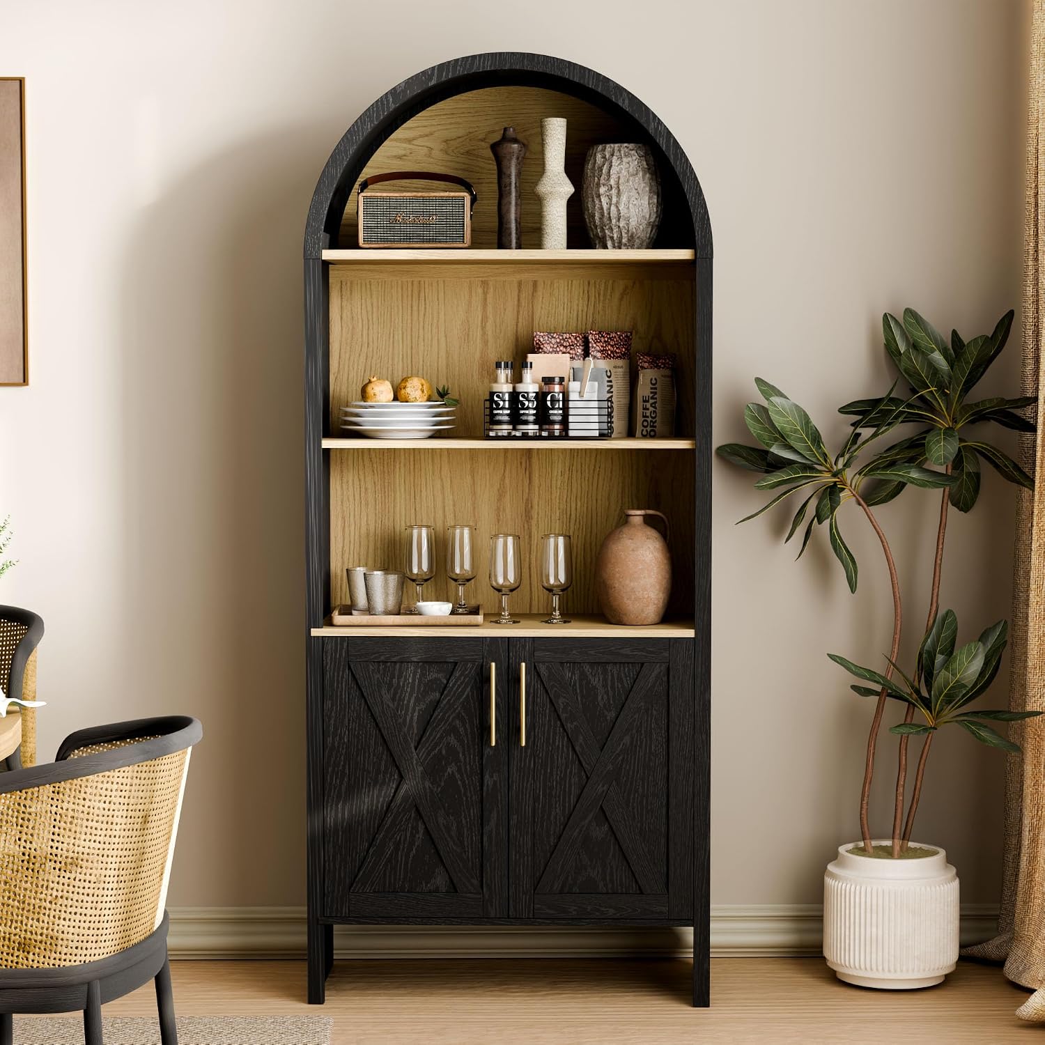 Arch Storage Cabinet with Beech-Wooden Door, 60' Cute Arched Display Cabinet, 4 Tier Farmhouse Buffet Cabinets with Storage for Dining Room, Living Room, Home Office or Kitchen (Black)