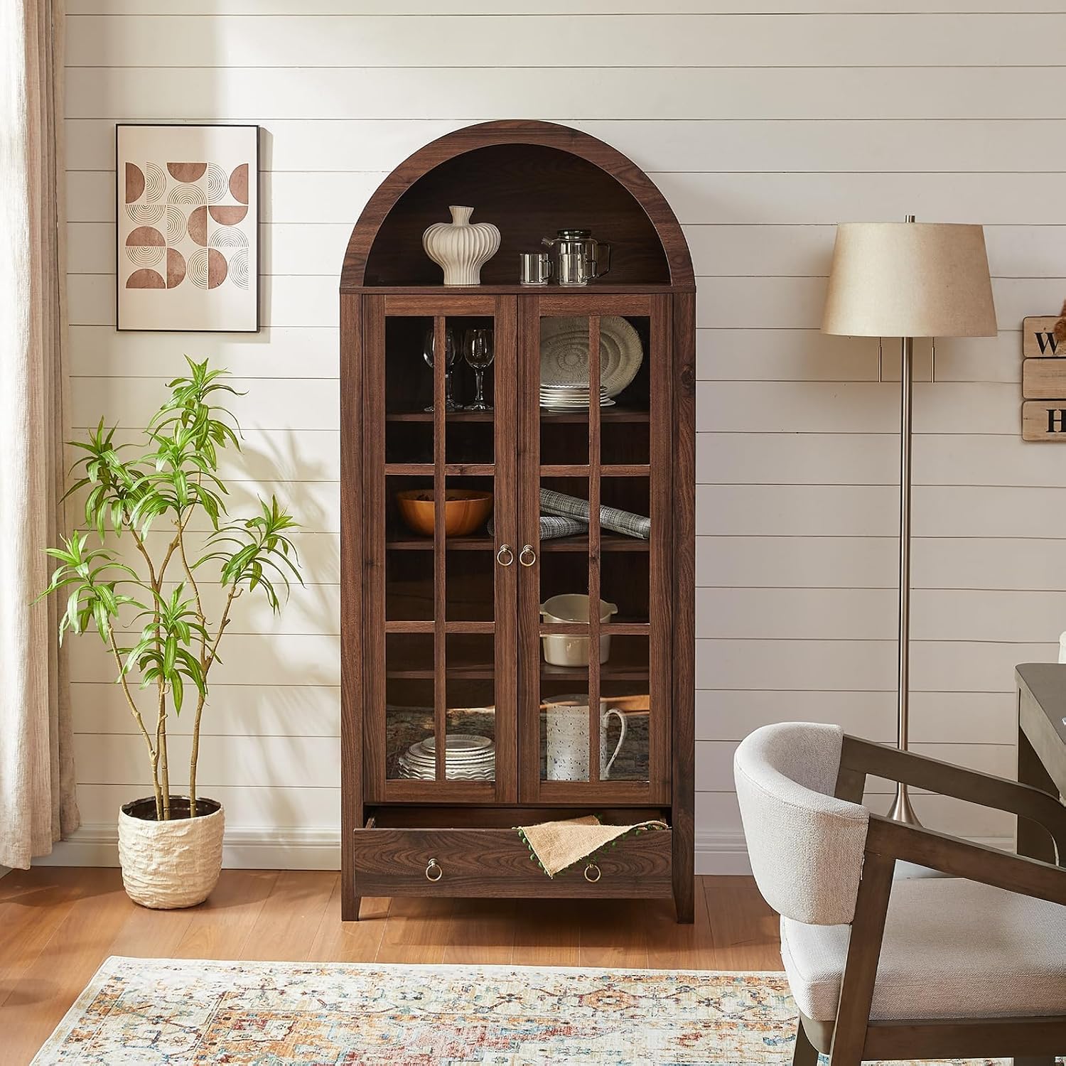 RowyPoey Farmhouse Arched Cabinet with Glass Doors, Wood Display Cabinet with Drawer and Adjustable Shelves, 71' Tall Bookshelf Modern Storage Kitchen Pantry for Living Room,Office (Walnut, 2 PCS)