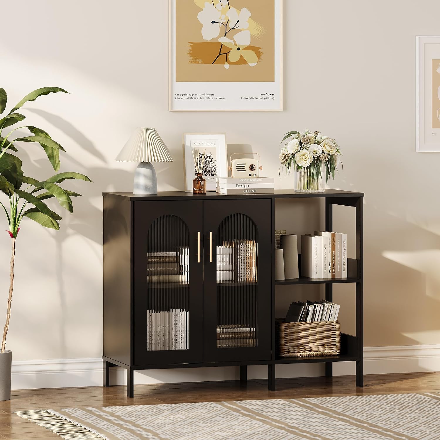 GarveeLife Modern Black Sideboard with Glass Doors, Featuring Adjustable Interior Shelves and Sleek Metal Handles, Versatile Storage Cabinet for Dining Room or Kitchen Display