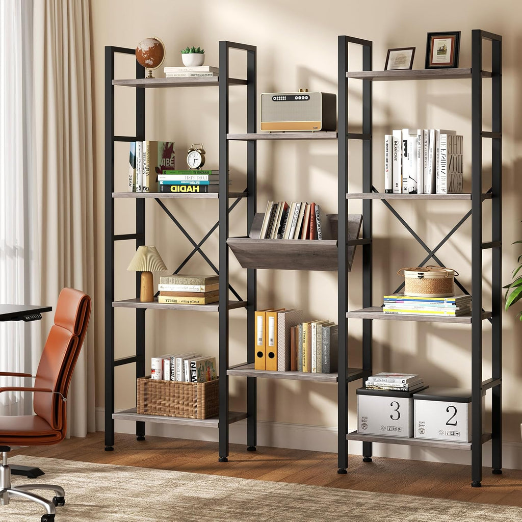 Triple Wide 4 Tier Bookcase, 11 Open Display Shelves, Free Standing, Adjustable Shelves for Home, Living Room, Bedroom, Grey