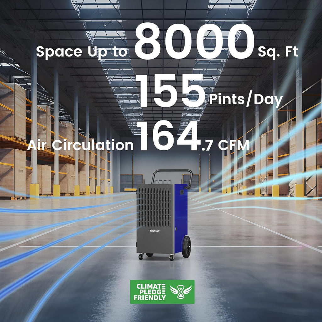 Yaufey 155 Pints Commercial Dehumidifier with Pump, for Basement up to 8000 Sq. Ft, Large Capacity Industrial Dehumidifier for Large Room with Intelligent Humidity Control