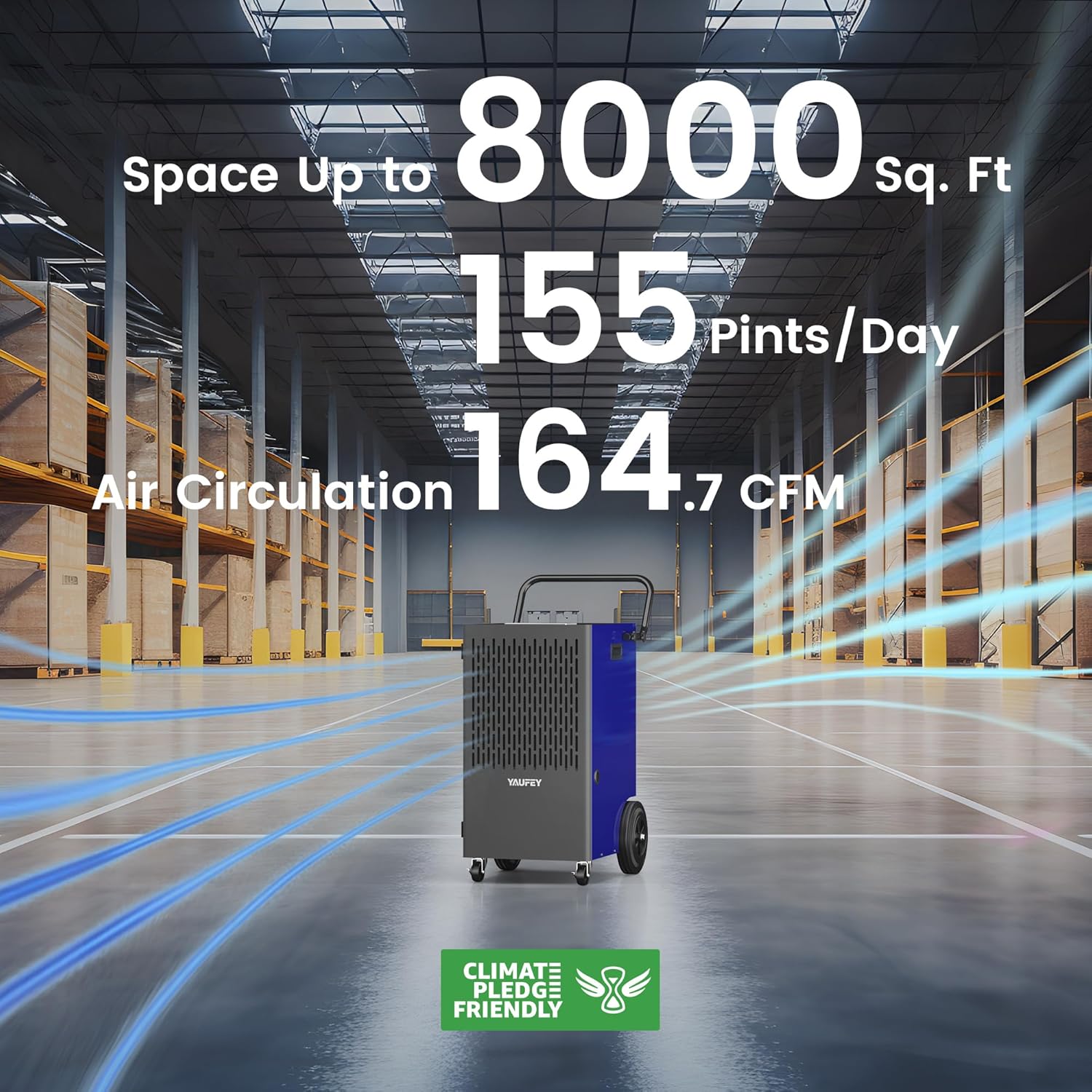 Yaufey 155 Pints Commercial Dehumidifier with Pump, for Basement up to 8000 Sq. Ft, Large Capacity Industrial Dehumidifier for Large Room with Intelligent Humidity Control