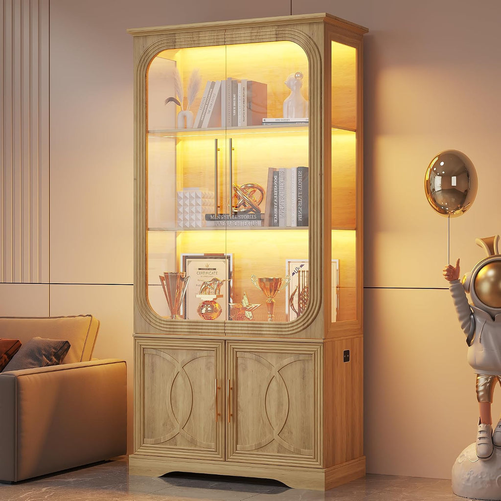 2pc Wood Display Cabinet with Glass Doors, 69' Tall Curio Cabinet with LED Lights, Glass Display Case with Storage and 3 Shelves for Living Room, (Oak-2)