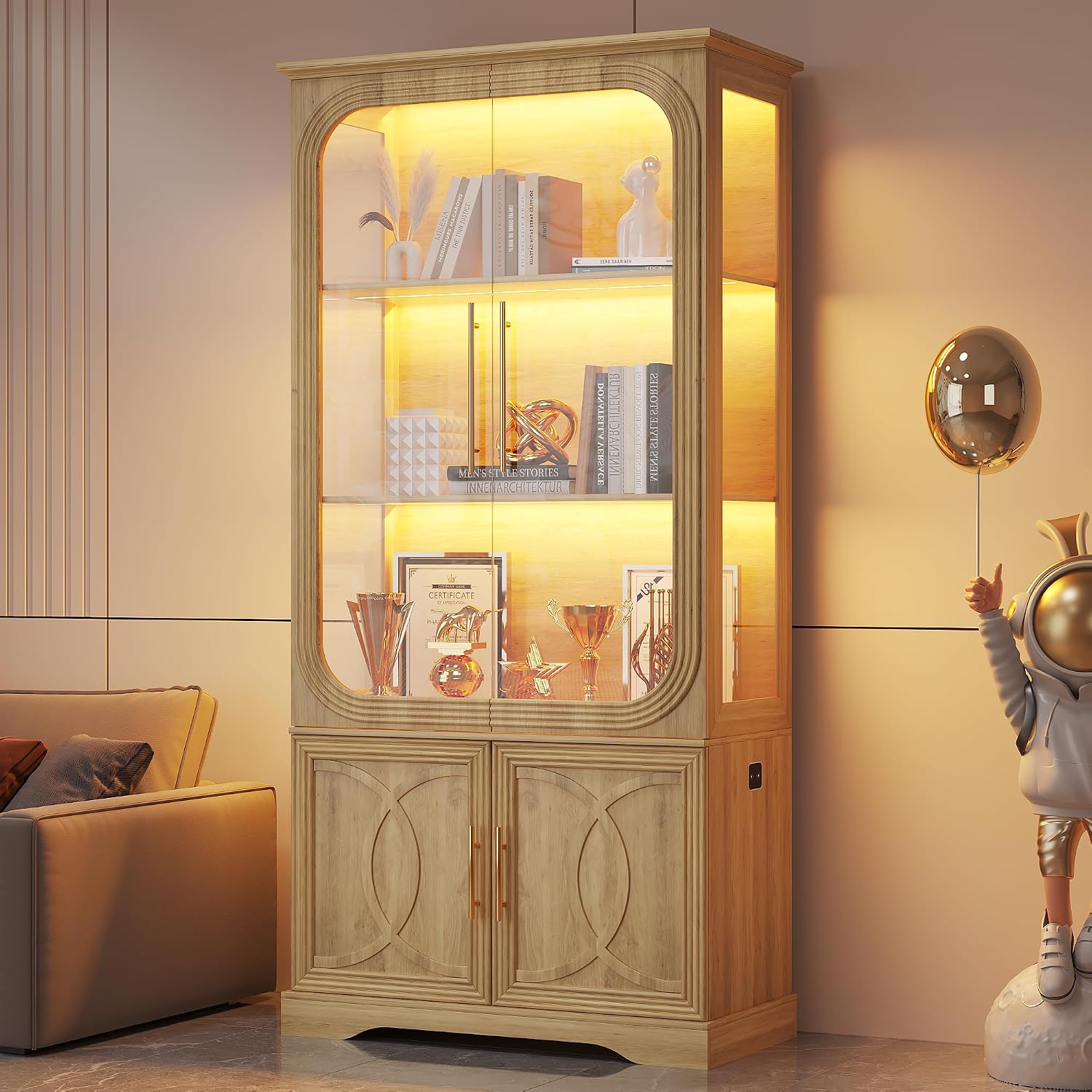 2pc Wood Display Cabinet with Glass Doors, 69' Tall Curio Cabinet with LED Lights, Glass Display Case with Storage and 3 Shelves for Living Room, (Oak-2)