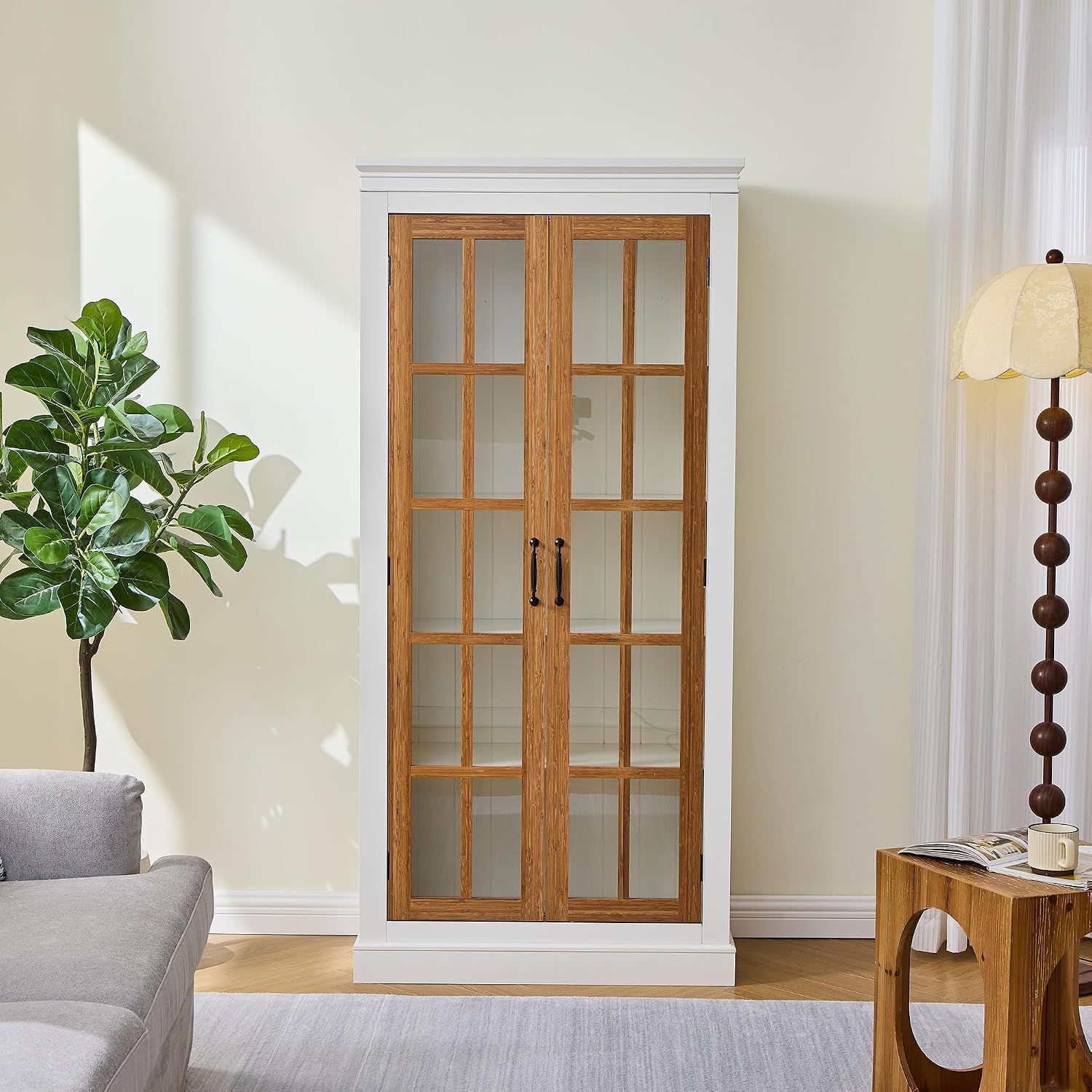 Merax 71.2'' Freestanding Farmhouse Style Glass Door Pantry Cabinet with Lattice Window, Curio Display Storage for Hallways, Living Room, Kitchen & Office,Brown & Black