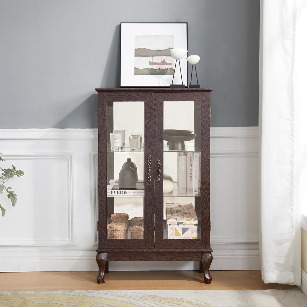 43' H Lighted Curio Cabinet Display Case, Glass Curio Cabinet with Adjustable Shelves and Tempered Glass Door, Wooden Cabinets w/Mirrored Back Pane for Living Room (Dark Cherry)