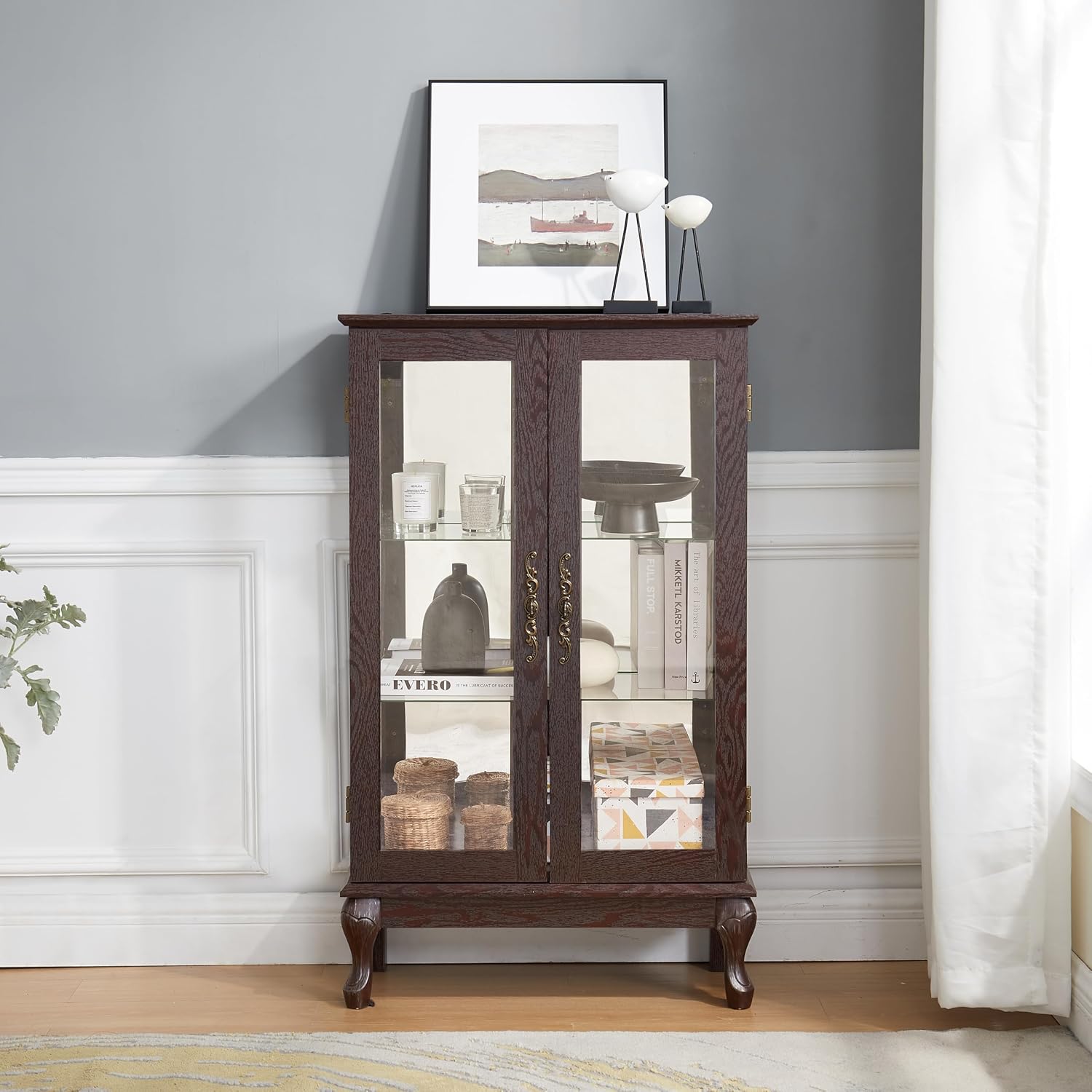 43' H Lighted Curio Cabinet Display Case, Glass Curio Cabinet with Adjustable Shelves and Tempered Glass Door, Wooden Cabinets w/Mirrored Back Pane for Living Room (Dark Cherry)