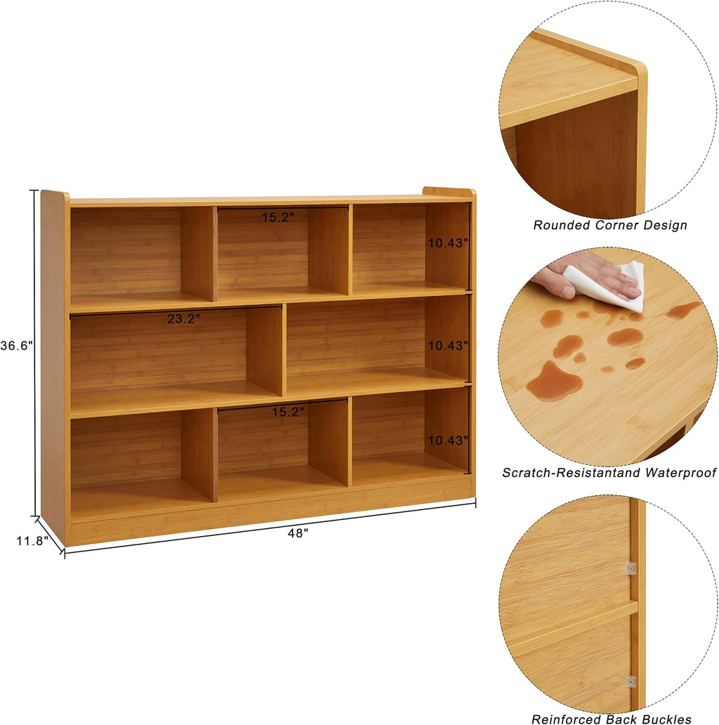 3-Tier Bookshelf, 8-Section Wooden Bookcase, Storage Organizer with Anti-Tilt Device, Modern Storage Display Cabinet for Living Room, Classroom, Kid's Room (Natural), FJHL-011YE