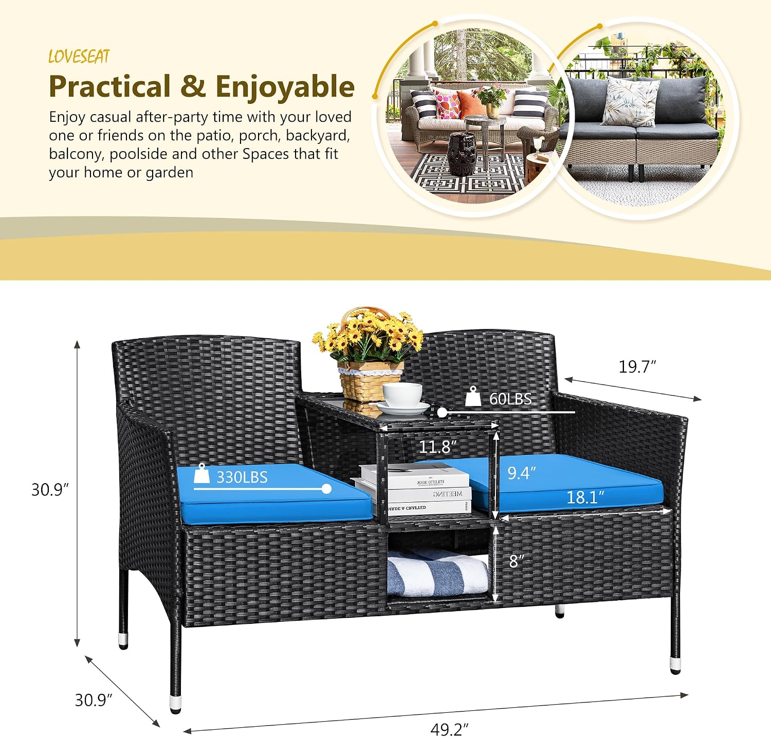 Devoko Outdoor Patio Loveseat Modern Rattan 2-Seat Patio Conversation Set with Cushions & Built-in Coffee Table Porch Furniture for Garden Lawn Backyard (Blue)