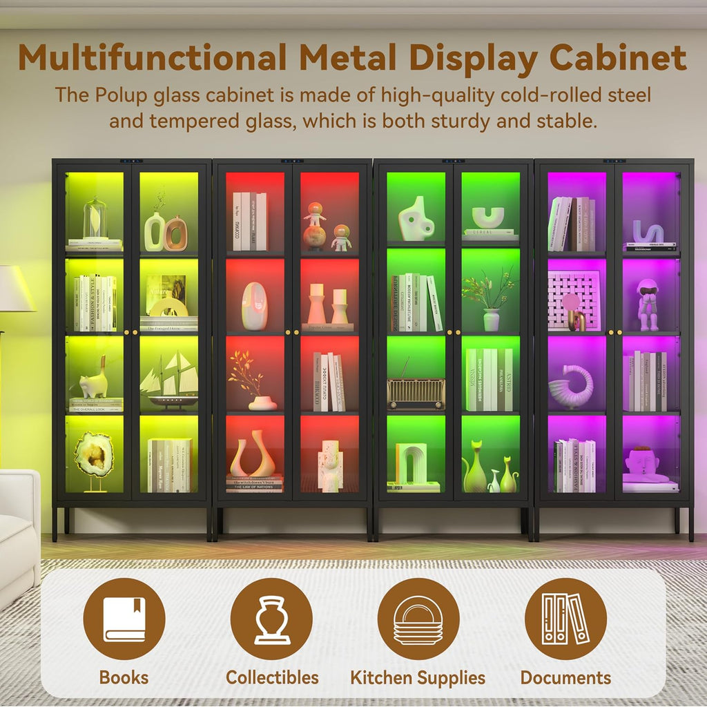 Polup Glass Display Cabinet with 8-Color LED Lights, Black Curio Cabinet with Glass Doors, 66 Inch Tall Display Case for Collectibles, Metal Storage Cabinet for Living Room, Assembly Required