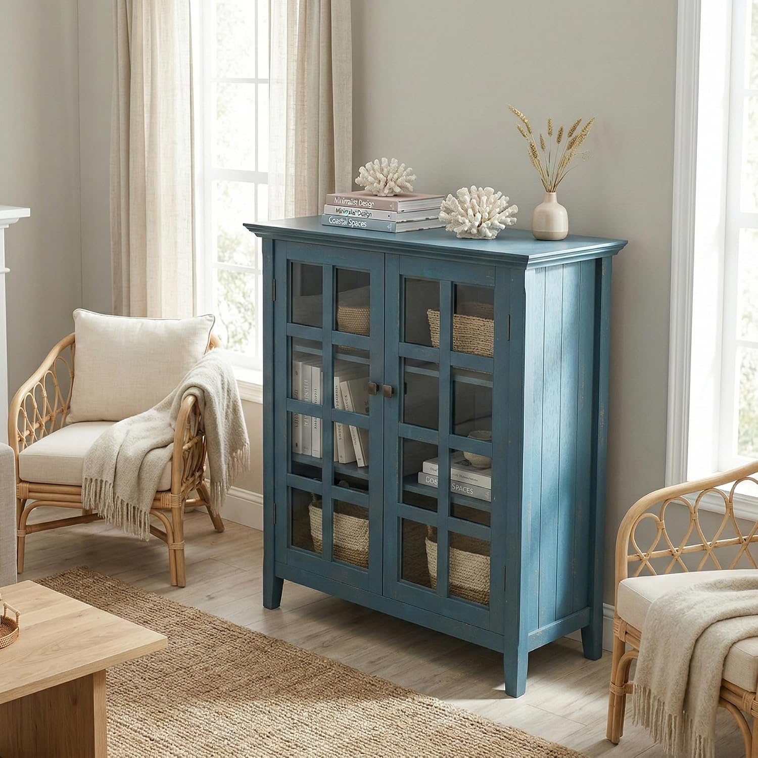 SIMPLIHOME Acadian Storage Cabinet - 39 inch Wide Solid Wood 6-Shelf Medium Storage Cabinet in Distressed Coastal Blue, Transitional Cabinet with Glass Doors for Living Room with Adjustable Shelves