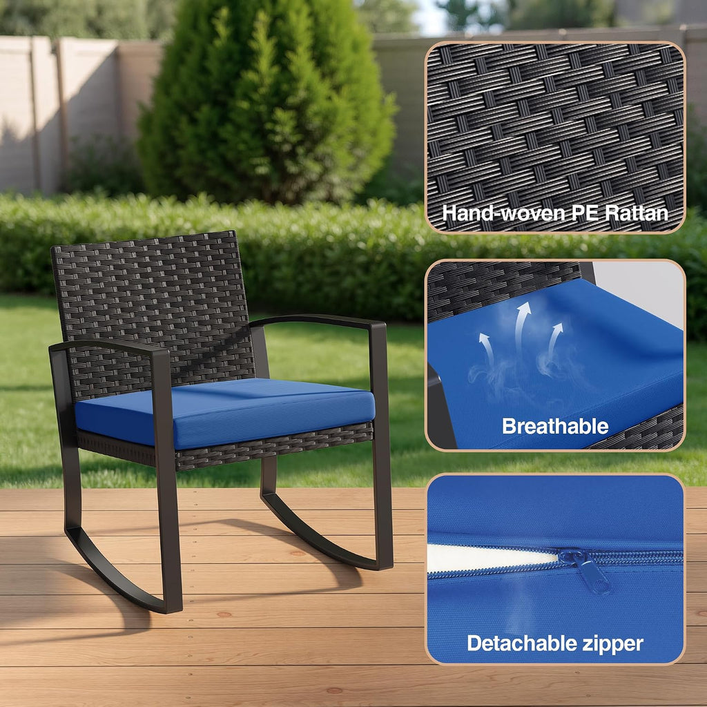 Qsun 3 Piece Patio Bistro Set Patio Furniture Set Outdoor Wicker Rocking Furniture Conversation Set with Tempered Glass Coffee Table for for Front Porch Balcony and Deck (Blue Cushion)
