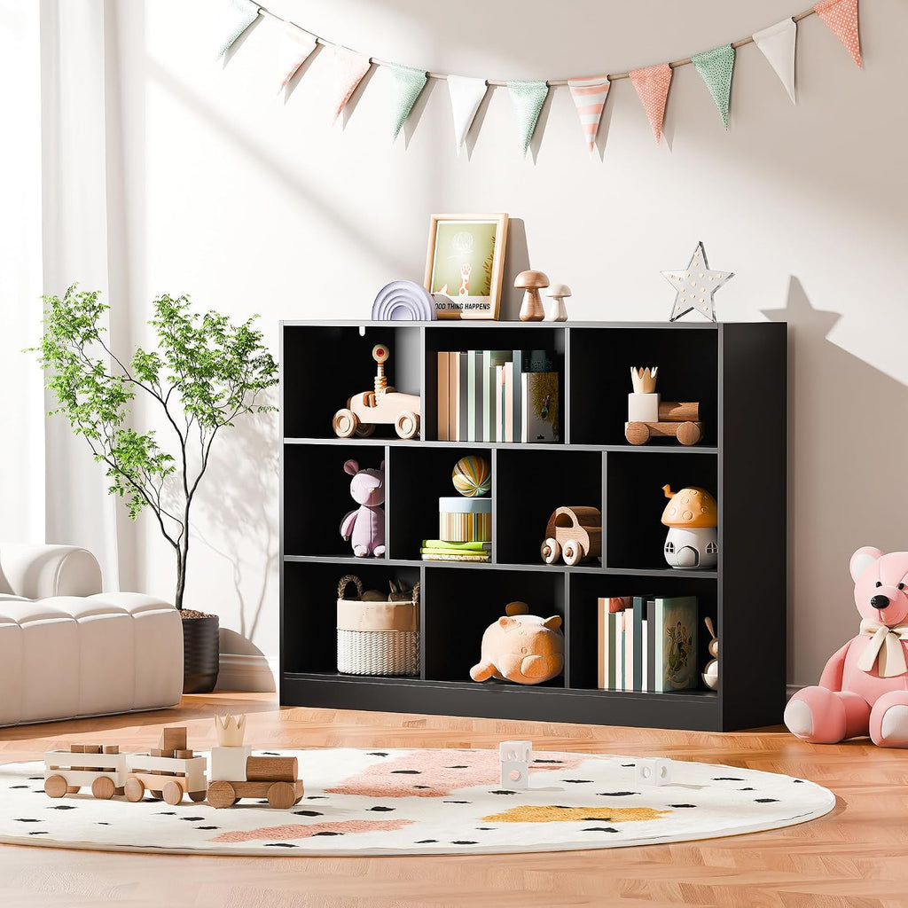 Cozy Castle Black Bookshelf, 3-Tier Open Shelf Bookcase, 10 Cube Storage Organizer with Anti-Tilt Device for Bedroom, Living Room, 55.11' W x 11.61'D x 40.94'H