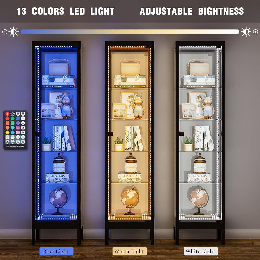 5-Tier Glass Display Cabinet with 13 Color LED Lights & Lock, 63' Curio Cabinet with Glass Doors & Adjustable Shelves, Lighted Display Case for Collectibles Figures Trophy - Black