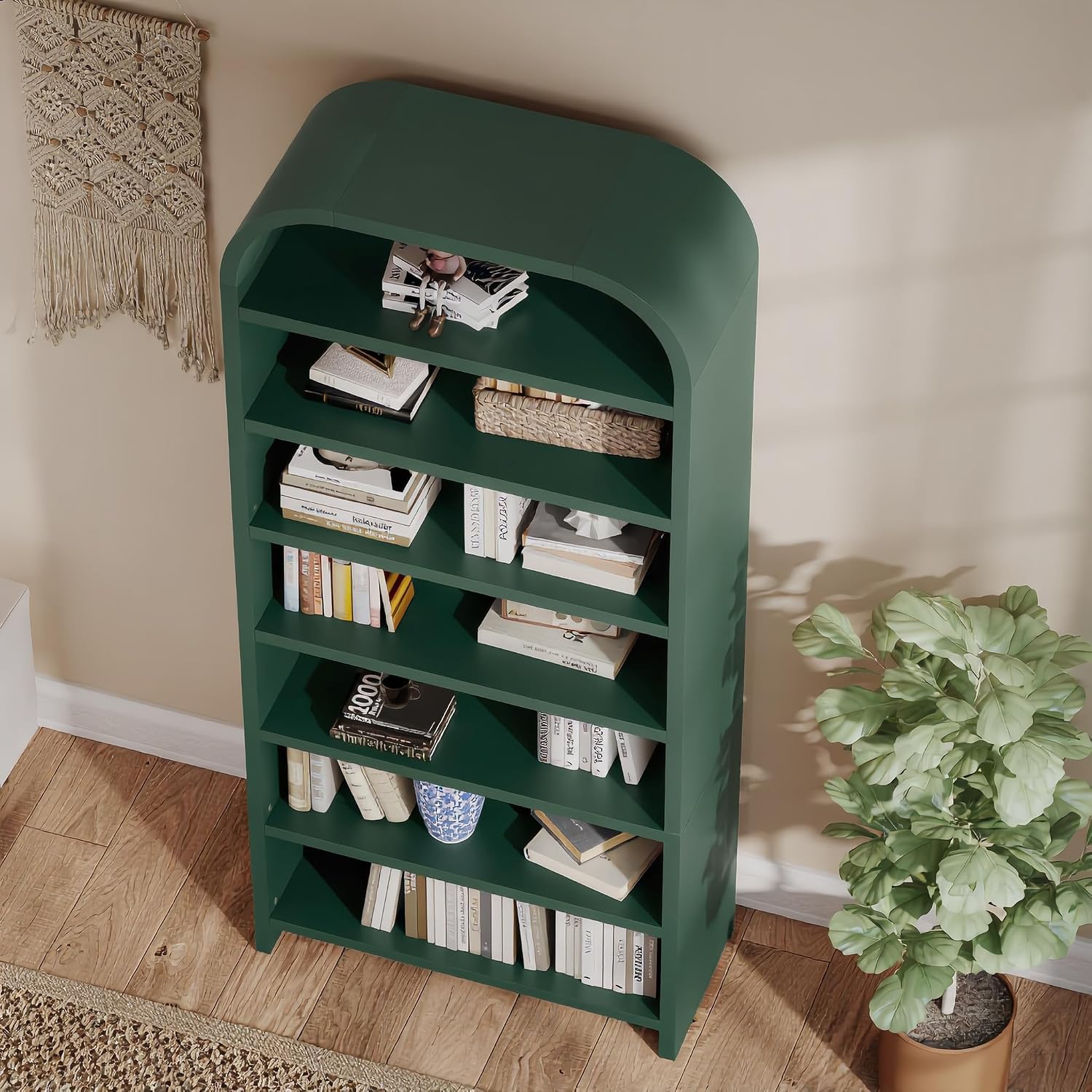 LEVNARY 70' Tall Arched Bookcase, 7-Tier Freestanding Storage Cabinet with Adjustable Shelves, Thick MDF Bookshelf for Bathroom Living Room Bedroom (Green)