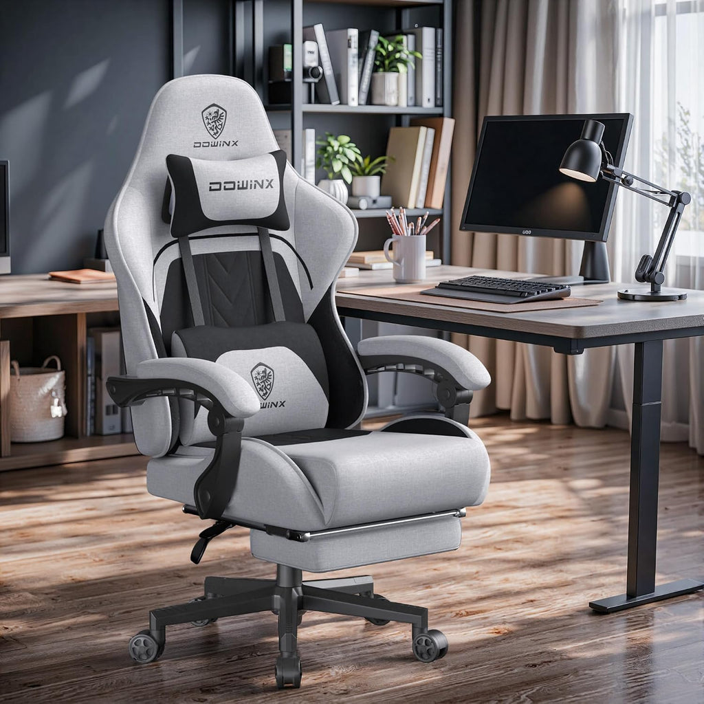 Dowinx Gaming Chair Fabric Big and Tall with Pocket Spring Cushion, Massage Game Chair Cloth with Headrest, Ergonomic Computer Chair with Footrest 350LBS, Black Grey