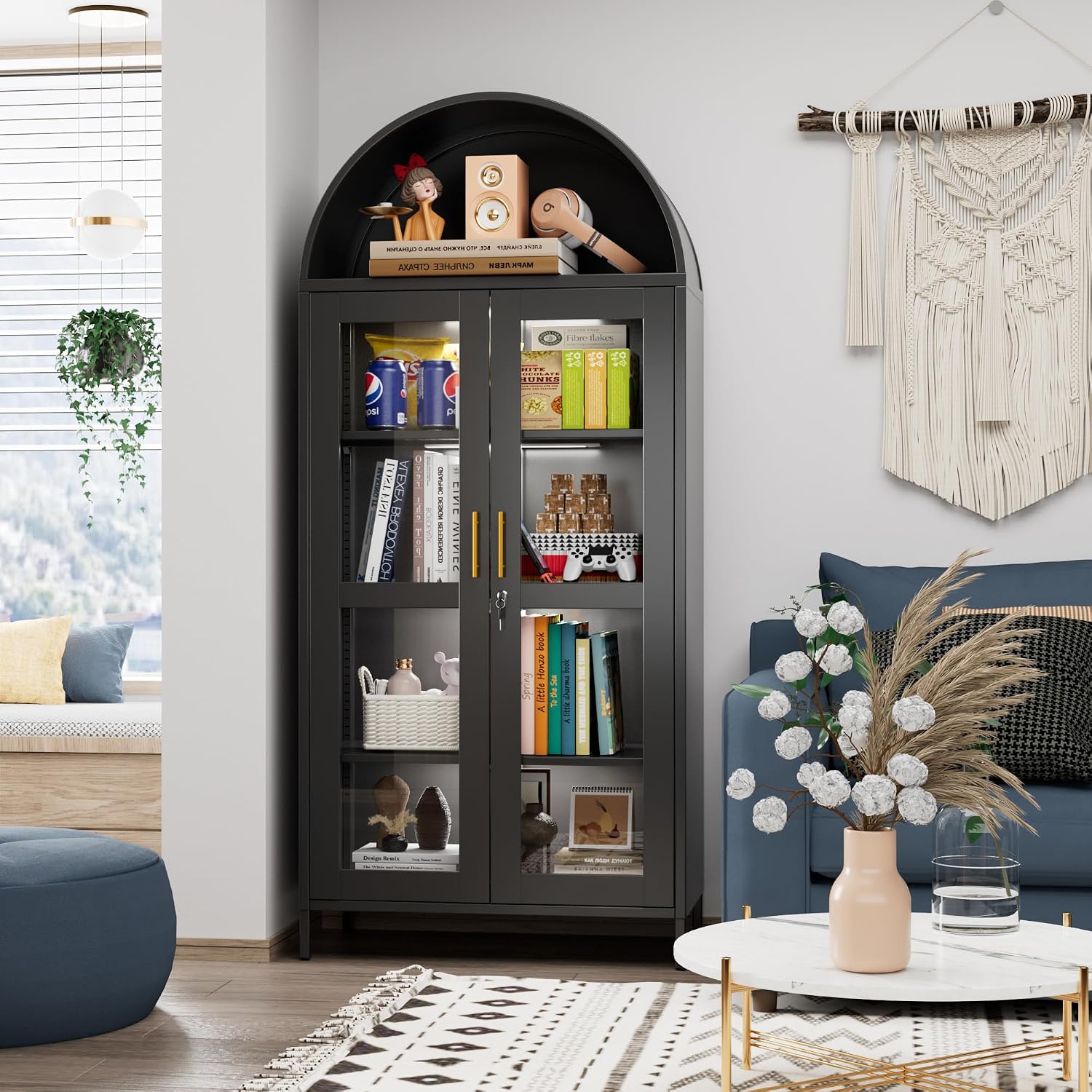 78.74' H Metal Arched Cabinet with Lock and LED Light, Metal Curio & Liquor Display Cabinet with Glass Doors and Adjustable Shelves for Dining Room, Home, Assembly Required,Black