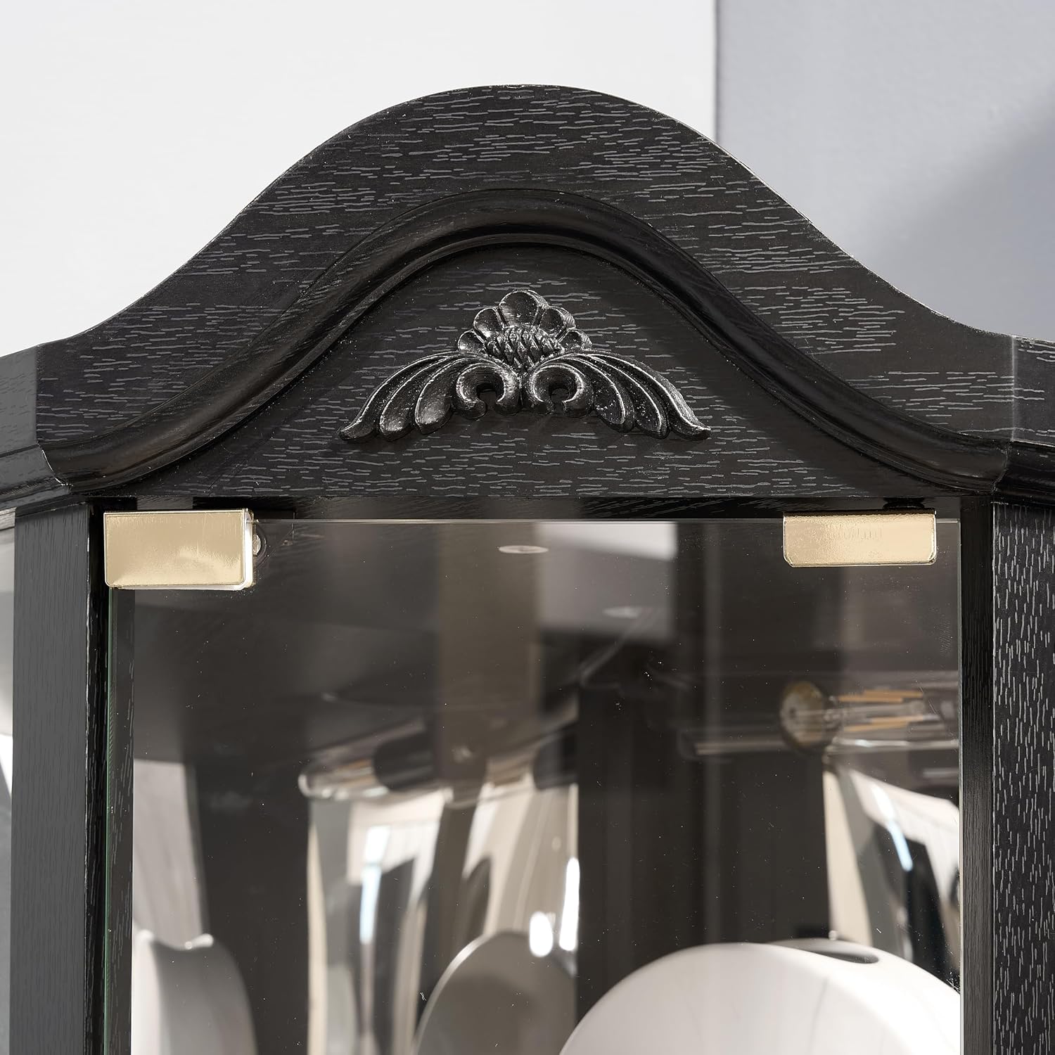Casaphoria 72' Lighted Corner Curio Cabinet with Glass Doors, Antique Tall Display Cabinet for Collectibles with Arched Carved Crown for Liquor Storage, Living Room (Black)