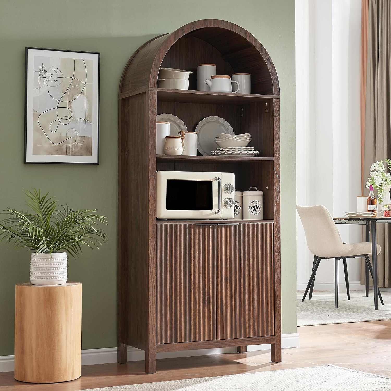 Arched Cabinet Bookshelf Bookcase - 71' Tall Mid Century Arched Display Cabinets, Rounded Bookshelf with Fluted Doors, Open Shelf Storage Cabinet for Dining Room (Walnut)