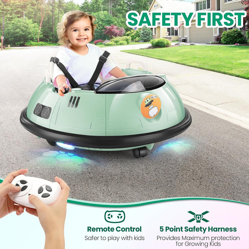 Hikole Baby Bumper Car with Remote Control, 12V Battery Powered Ride on Bumper Car for Toddler with 3 Speed, 360 Degree Spin, LED Lights, Safety Belt, Dual Joysticks, Green