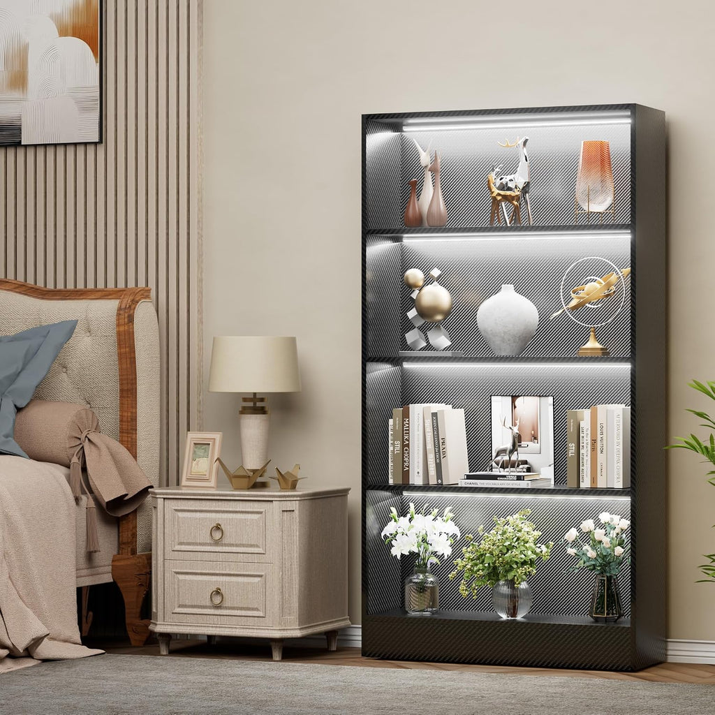CODACE Tall Wooden Black Bookshelf - Display Shelf with LED Lights, Lighted Book Shelf with 4-Tier Shelves,Large Display Bookshelves for Collectibles, Modern Bookcase for Bedroom, Living Room, Office