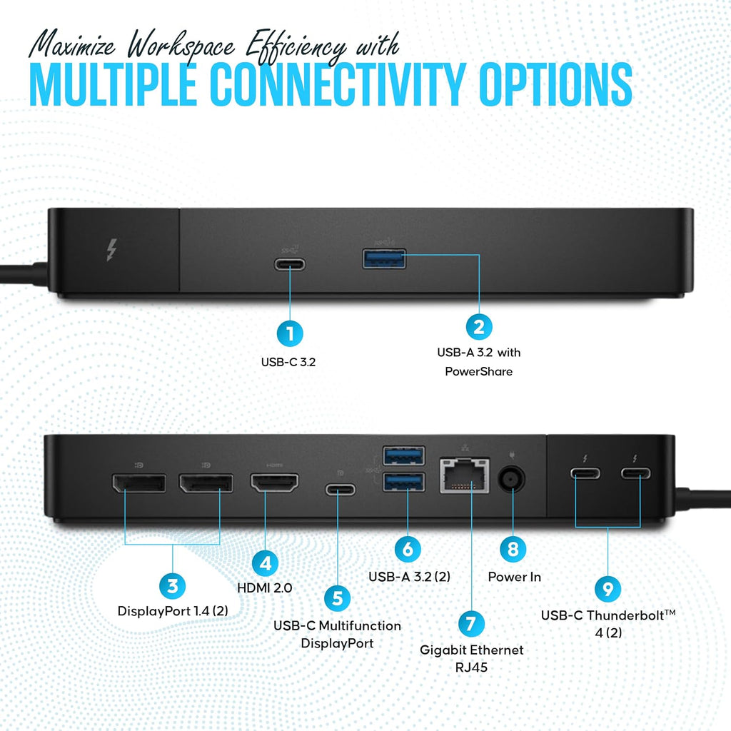 WD22TB4 Dell Thunderbolt 4 Dock 40Gbps USB-C/USB-A 1 Year Warranty - Docking Station with 180W, HDMI, DisplayPort Cables & Cleaning Cloth – Supports Dual/Triple Monitors & 4K Displays