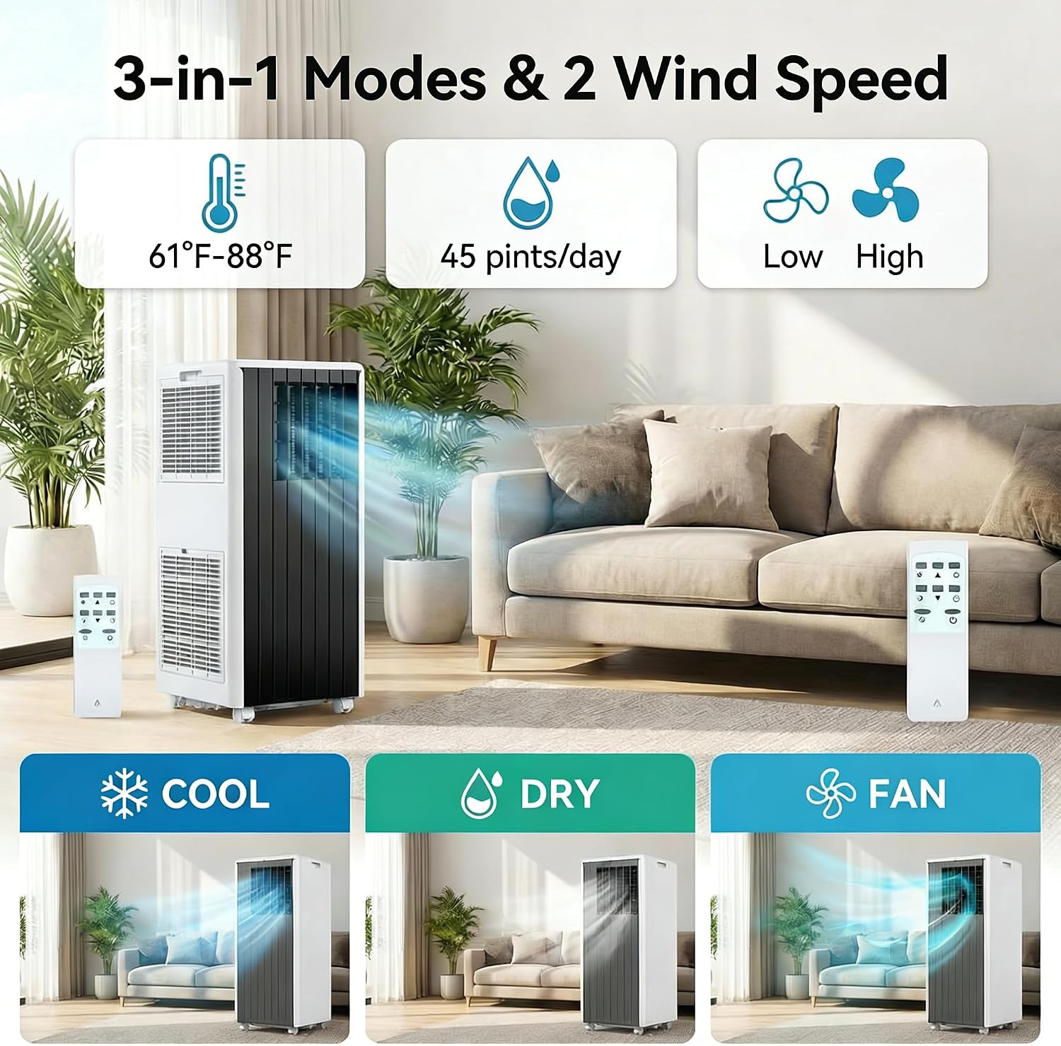 8,000 BTU Portable Air Conditioners, 3-in-1 Air Modes Up to 350 Sq, Portable AC Unit with Cooling, Fan, Dehumidifier, 24H Timer, Remote, Window Installation Kit, White, for Bedroom.