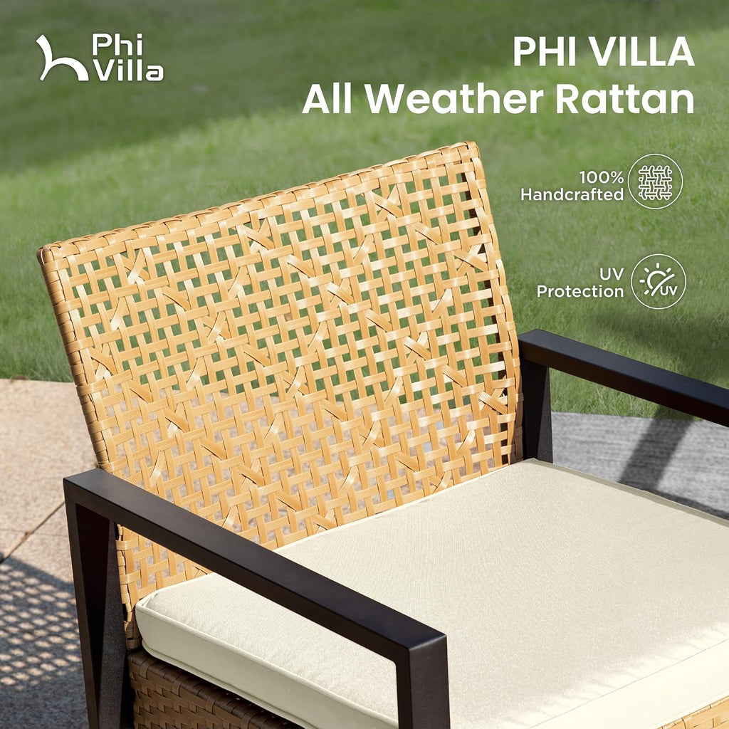 PHI VILLA Wicker Patio Furniture Set for 4, Rattan Small Patio Loveseat and Chairs with Acacia Wood Coffee Table, Outdoor Conversation Set with Cushion, Front Porch Furniture for Deck, Yard, Garden