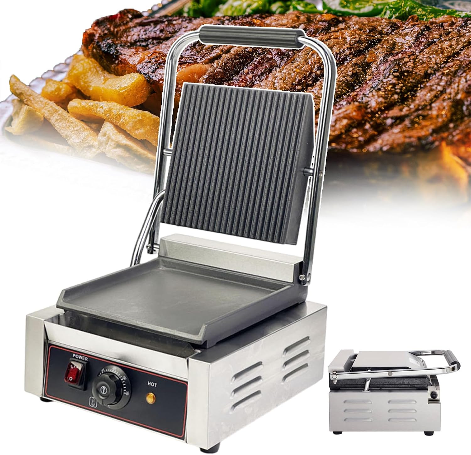 Commercial Sandwich Grill Electric Contact Grill For Home Or Restaurant Use,Single Plates Grill Countertop Sandwich Press With Tempe Control 50-300℃,Smooth